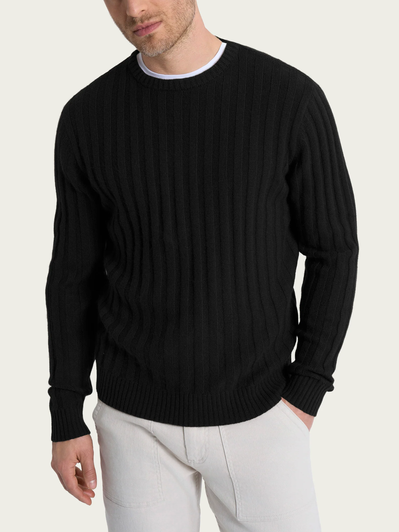 Pull girocollo con costa piatta in Natural Soft - Nero