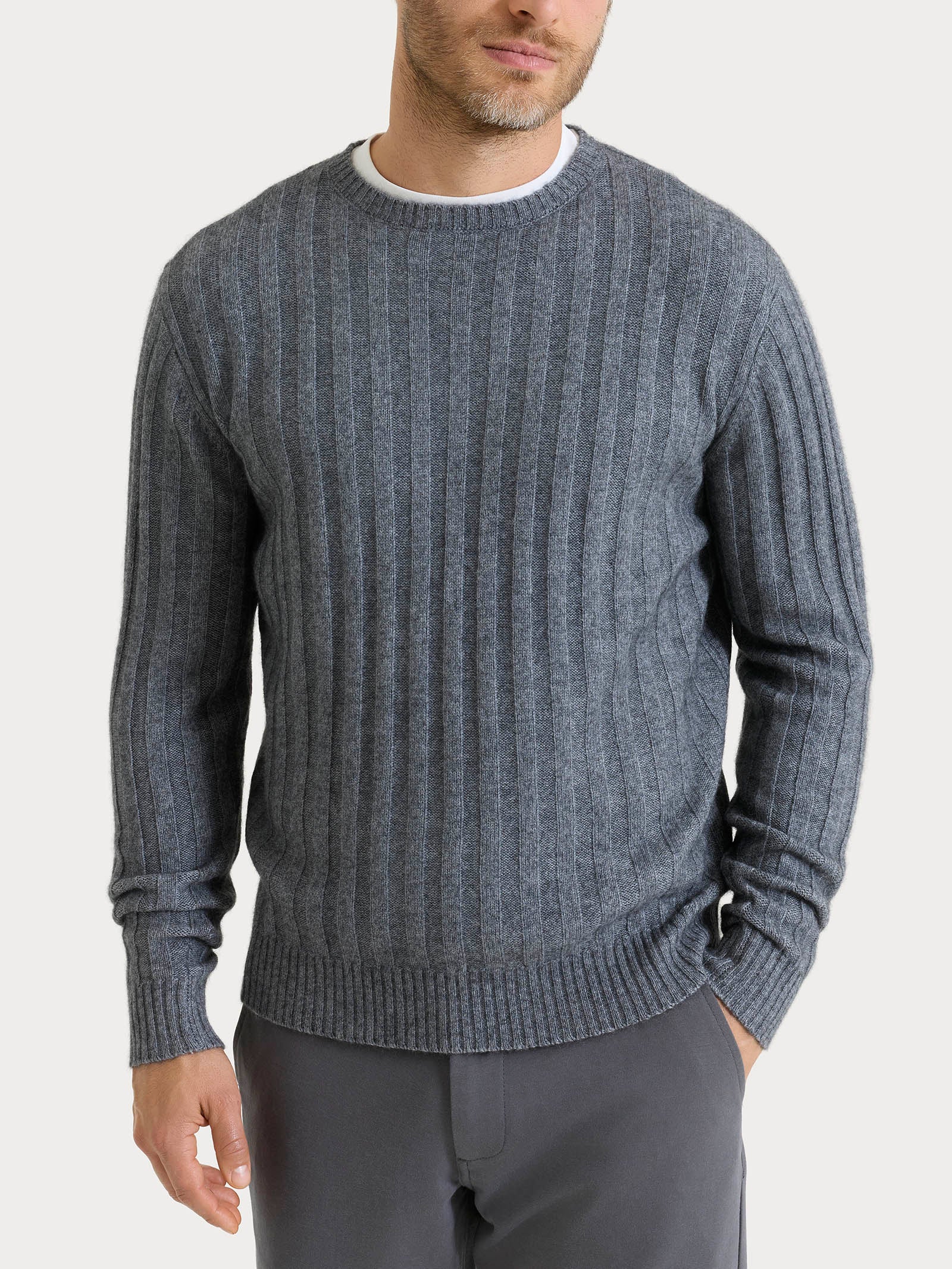 Pull girocollo con costa piatta in Natural Soft - Ferro Mel.