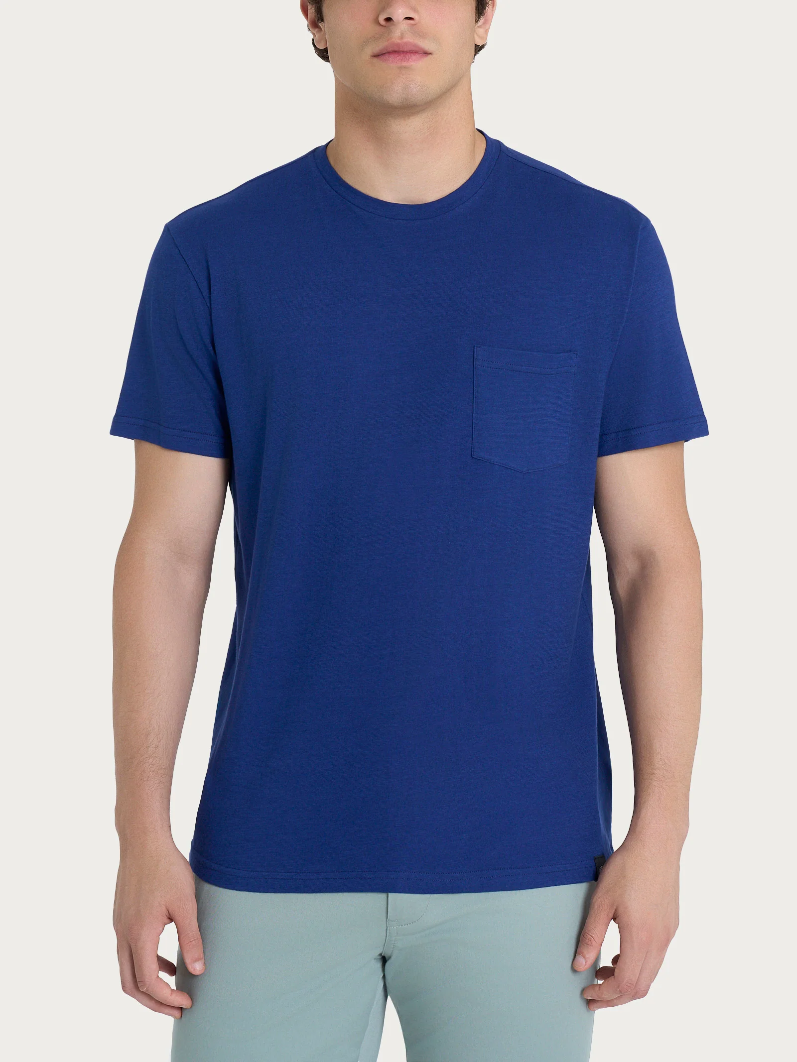 T-shirt girocollo con taschino in slub jersey di cotone - Blueberry