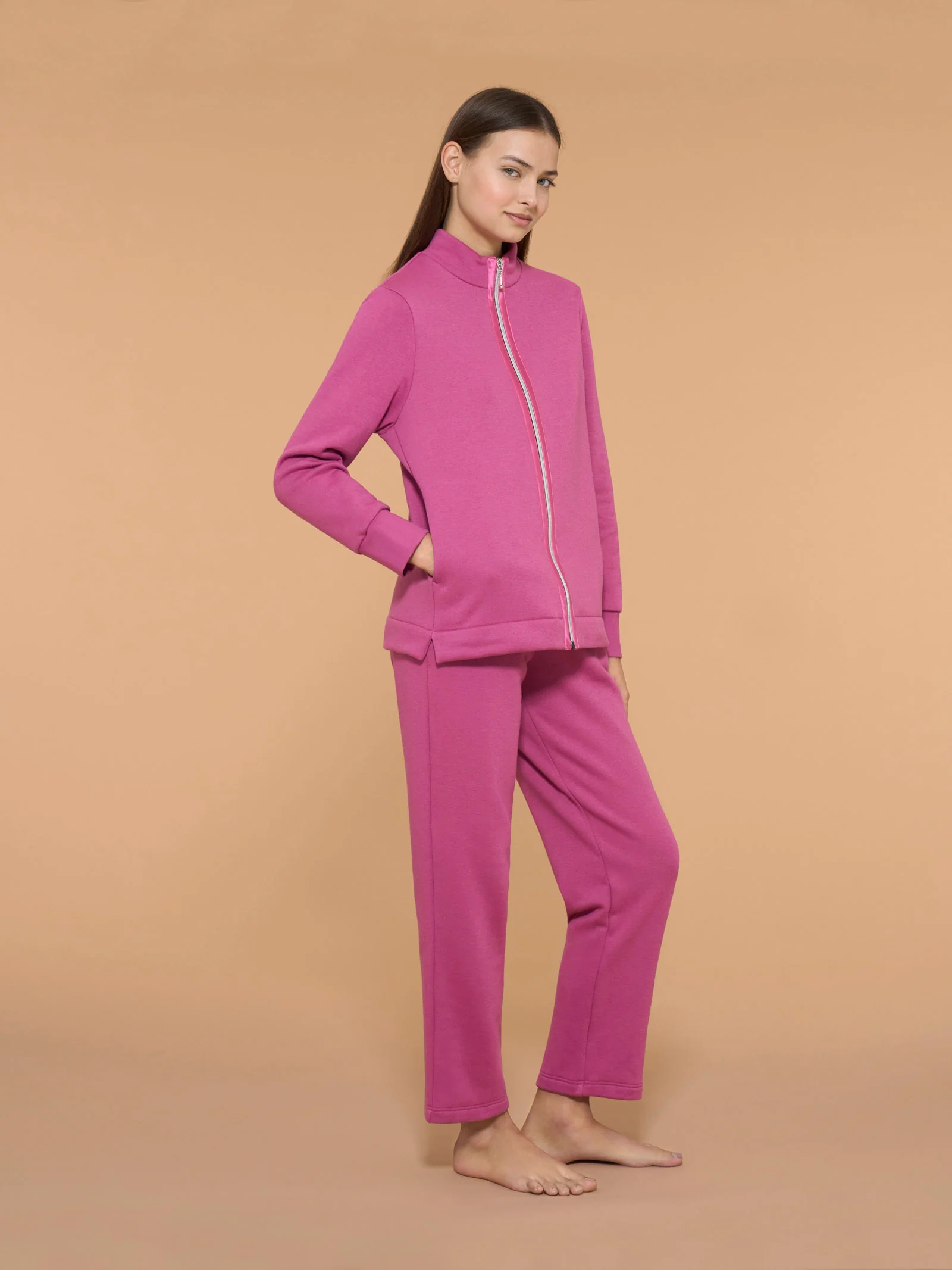 Tuta felpata con collo alto in morbido misto cotone - Red Violet