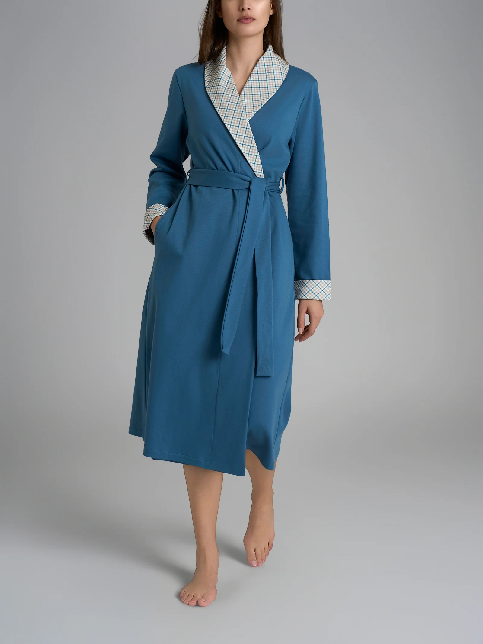 Vestaglia con cintura in Interlock di cotone - Fant. Real Teal Tartan
